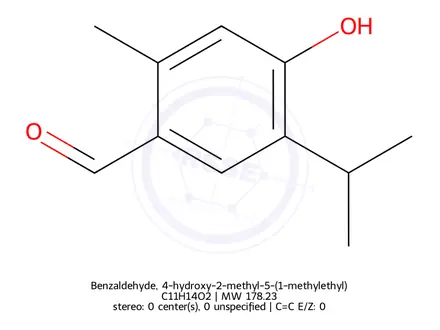 Chemical structure of Benzaldehyde, 4-hydroxy-2-methyl-5-(1-methylethyl)-