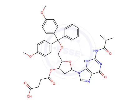 Chemical structure of 2'-Deoxy-5'-O-DMT-N2-isobutyrylguanosine 3'-O-succinate