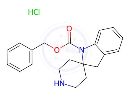 Chemical structure of Spiro[2H-indole-2,4'-piperidine]-1(3H)-carboxylic acid, phenylmethyl ester, hydrochloride (1:1)