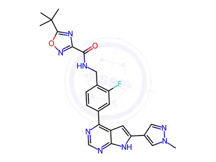 Chemical structure of 5-(Tert-butyl)-N-(2-fluoro-4-(6-(1-methyl-1H-pyrazol-4-yl)-7H-pyrrolo[2,3-d]pyrimidin-4-yl)benzyl)-1,2,4-oxadiazole-3-carboxamide
