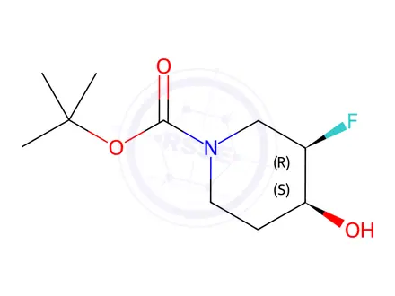 Chemical structure of tert-​butyl (3R,​4S)​-​3-​fluoro-​4-​hydroxypiperidine-​1-​carboxylate