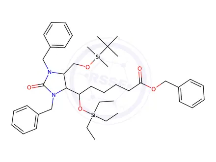 Chemical structure of 5-(tert-Butyldimethylsilyloxymethyl)-1,3-dibenzyl-2-oxo-4-imidazolidine-(6-triethylsilyloxy-hexanoic Acid) Benzyl Ester