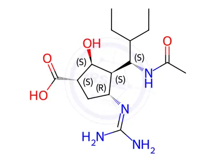 Chemical structure of (1S,2R,3R,4R)-3-[(1S)-1-acetamido-2-ethyl-butyl]-4-(diaminomethylideneamino)-2-hydroxy-cyclopentane-1-carboxylic acid