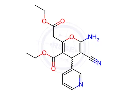 Chemical structure of Ethyl 6-amino-5-cyano-2-(2-ethoxy-2-oxoethyl)-4-(pyridin-3-yl)-4H-pyran-3-carboxylate