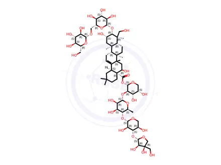 Chemical structure of Olean-12-en-28-oic acid, 3-[(6-O-β-D-glucopyranosyl-β-D-glucopyranosyl)oxy]-2,16,23-trihydroxy-, O-D-apio-β-D-furanosyl-(1→3)-O-β-D-xylopyranosyl-(1→4)-O-6-deoxy-α-L-mannopyranosyl-(1→2)-α-L-arabinopyranosyl ester, (2β,3β,4α,16α)-