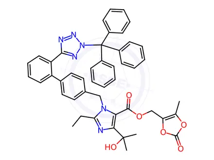 Chemical structure of (5-Methyl-2-oxo-1,3-dioxol-4-yl)methyl 2-ethyl-4-(2-hydroxypropan-2-yl)-1-((2'-(2-trityl-2H-tetrazol-5-yl)-[1,1'-biphenyl]-4-yl)methyl)-1H-imidazole-5-carboxylate