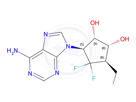 Chemical structure of (1R,2S,3S,5R)-3-(6-Amino-9H-purin-9-yl)-4,4-difluoro-5-(hydroxymethyl)cyclopentane-1,2-diol