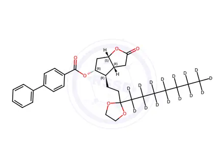 Chemical structure of (3aR,4R,5R,6aS)-4-[3-(Ethyleneketal)decanyl]hexahydro-5-hydroxy-2H-cyclopenta[b]furan-2-one 5-(4-Phenylbenzoate)-d15