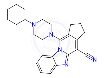 Chemical structure of 11-(4-cyclohexylpiperazin-1-yl)-2,3-dihydro-1H-cyclopenta[4,5]pyrido[1,2-a]benzimidazole-4-carbonitrile