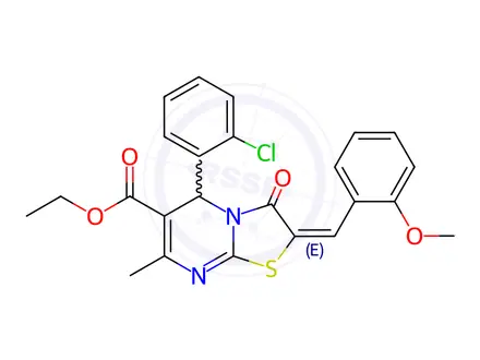 Chemical structure of Ethyl 5-(2-chlorophenyl)-2-(2-methoxybenzylidene)-7-methyl-3-oxo-3,5-dihydro-2H-thiazolo[3,2-a]pyrimidine-6-carboxylate