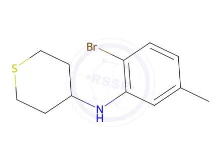 Chemical structure of N-(2-bromo-5-methylphenyl)tetrahydro-2H-thiopyran-4-amine