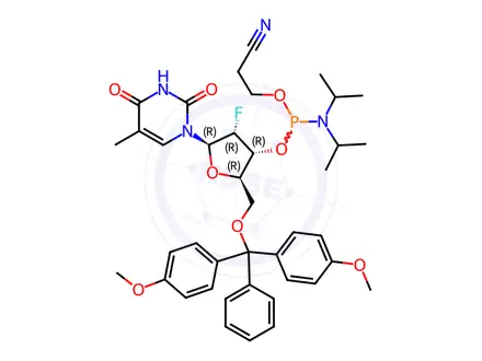 Chemical structure of 5'-O-(4,4'-Dimethoxytrityl)-2'-deoxy-2'-fluoro-5-methyluridine-3'-O-[(2-cyanoethyl)-(N,N-diisopropyl)]-phosphoramidite