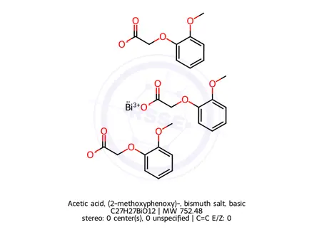 Chemical structure of Acetic acid, (2-methoxyphenoxy)-, bismuth salt, basic