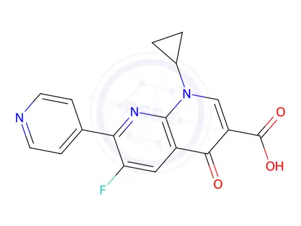 Chemical structure of 1-Cyclopropyl-6-fluoro-4-oxo-7-(pyridin-4-yl)-1,4-dihydro-1,8-naphthyridine-3-carboxylic acid