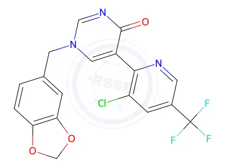 Chemical structure of 1-[(2H-1,3-Benzodioxol-5-yl)methyl]-5-[3-chloro-5-(trifluoromethyl)pyridin-2-yl]-1,4-dihydropyrimidin-4-one