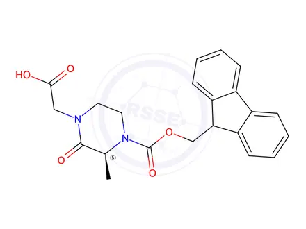 Chemical structure of (S)-2-(4-(((9H-fluoren-9-yl)methoxy)carbonyl)-3-methyl-2-oxopiperazin-1-yl)acetic acid