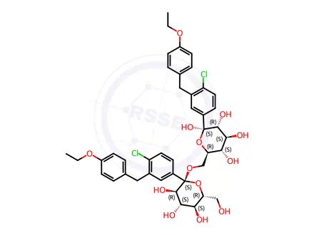 Chemical structure of (2S,3R,4S,5S,6R)-2-(4-chloro-3-(4-ethoxybenzyl)phenyl)-6-((((2S,3R,4S,5S,6R)-2-(4-chloro-3-(4-ethoxybenzyl)phenyl)-3,4,5-trihydroxy-6-(hydroxymethyl)tetrahydro-2H-pyran-2-yl)oxy)methyl)tetrahydro-2H-pyran-2,3,4,5