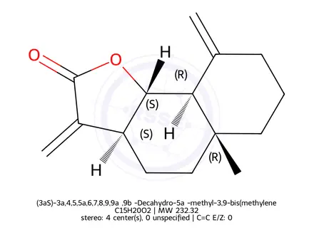 Chemical structure of (3aS)-3a,4,5,5a,6,7,8,9,9aβ,9bα-Decahydro-5aα-methyl-3,9-bis(methylene)naphtho[1,2-b]furan-2(3H)-one
