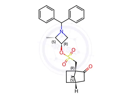 Chemical structure of (2S,3R)-1-benzhydryl-2-methylazetidin-3-ol ((1R,4S)-7,7-dimethyl-2-oxobicyclo[2.2.1]heptan-1-yl)methanesulfonate