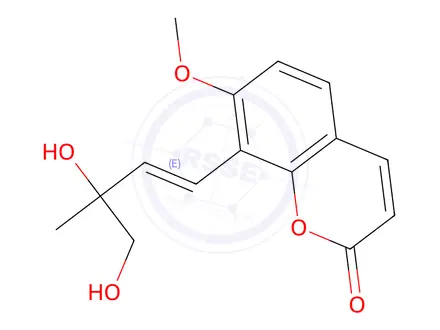 Chemical structure of (E)-8-(3,4-Dihydroxy-3-methylbut-1-en-1-yl)-7-methoxy-2H-chromen-2-one