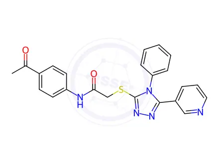 Chemical structure of N-(4-acetylphenyl)-2-((4-phenyl-5-(pyridin-3-yl)-4H-1,2,4-triazol-3-yl)thio)acetamide