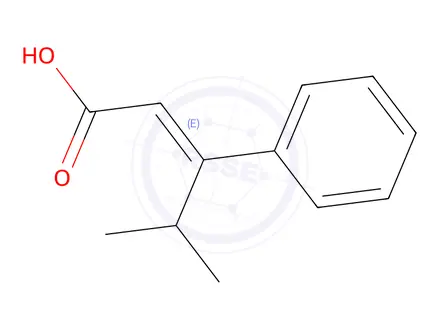 Chemical structure of (E)-4-methyl-3-phenylpent-2-enoic acid