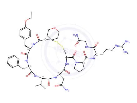 Chemical structure of Vasopressin, 1-(tetrahydro-4-mercapto-2H-pyran-4-acetic acid)-2-(O-eth yl-D-tyrosine)-4-L-valine-8-L-arginine-