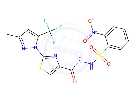 Chemical structure of N'-(2-(3-methyl-5-(trifluoromethyl)-1H-pyrazol-1-yl)thiazole-4-carbonyl)-2-nitrobenzenesulfonohydrazide