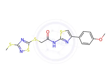 Chemical structure of N-(4-(4-Methoxyphenyl)thiazol-2-yl)-2-((3-(methylthio)-1,2,4-thiadiazol-5-yl)thio)acetamide