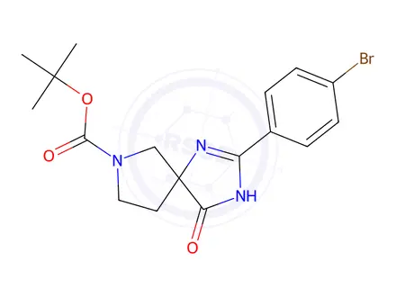 Chemical structure of Tert-butyl 2-(4-bromophenyl)-4-oxo-1,3,7-triazaspiro[4.4]Non-1-ene-7-carboxylate
