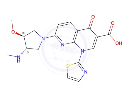 Chemical structure of 7-((3S,4S)-3-methoxy-4-(methylamino)pyrrolidin-1-yl)-4-oxo-1-(thiazol-2-yl)-1,4-dihydro-1,8-naphthyridine-3-carboxylic acid