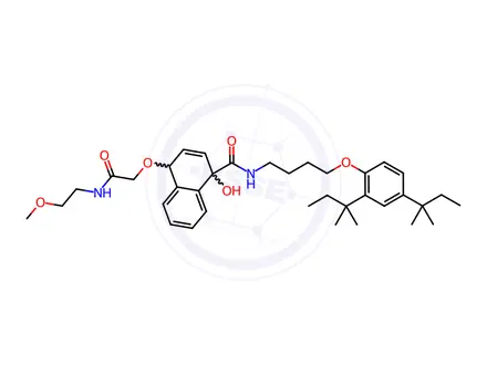 Chemical structure of N-[4-[2,4-bis(1,1-dimethylpropyl)phenoxy]butyl]-1-hydroxy-4-[2-[(2-methoxyethyl)amino]-2-oxoethoxy]naphthalene-1-carboxamide