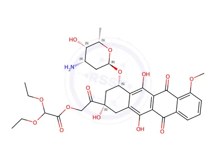 Chemical structure of Acetic acid, diethoxy-, 2-[4-[(3-amino-2,3,6-trideoxy-alpha-l-lyxo-hexopyranosyl)oxy]-1,2,3,4,6,11-hexahydro-2,5,12-trihydroxy-7-methoxy-6,11-dioxo-2-naphthacenyl]-2-oxoethyl ester