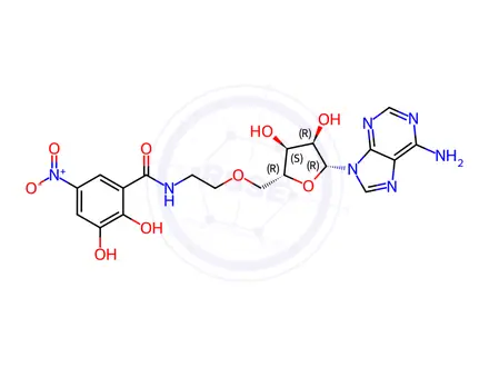 Chemical structure of N-(2-(((2R,3S,4R,5R)-5-(6-Amino-9H-purin-9-yl)-3,4-dihydroxytetrahydrofuran-2-yl)methoxy)ethyl)-2,3-dihydroxy-5-nitrobenzamide