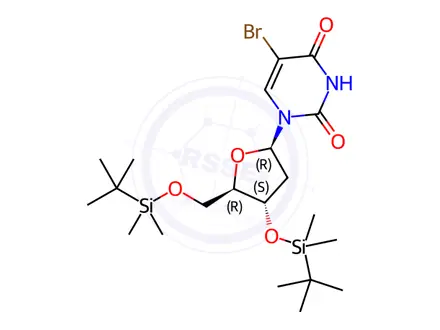 Chemical structure of Uridine Impurity 9 (3’,5’-Bis-O-(tert-butyldimethylsilyl)-5-bromo-2’-deoxyuridine)