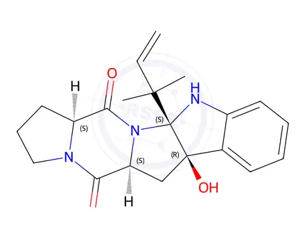 Chemical structure of (5aS,13aβ)-11aα-(1,1-Dimethyl-2-propenyl)-6aα-hydroxy-2,3,6,6a,11,11a-hexahydro-1H-pyrrolo[1'',2'':4',5']pyrazino[1',2':1,5]pyrrolo[2,3-b]indole-5,13(5aH,13aH)-dione