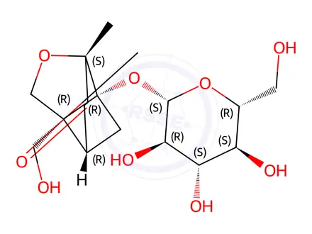 Chemical structure of 7-Oxatricyclo[4.3.0.03,9]nonan-4-one, 1-(β-D-glucopyranosyloxy)-9-(hydroxymethyl)-6-methyl-, (1R,3R,6S,9R)-