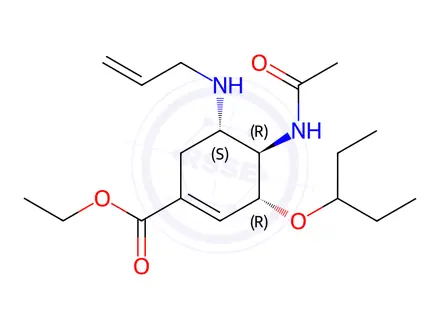Chemical structure of ethyl (3R,4R,5S)-4-acetamido-5-(allylamino)-3-(pentan-3-yloxy)cyclohex-1-ene-1-carboxylate