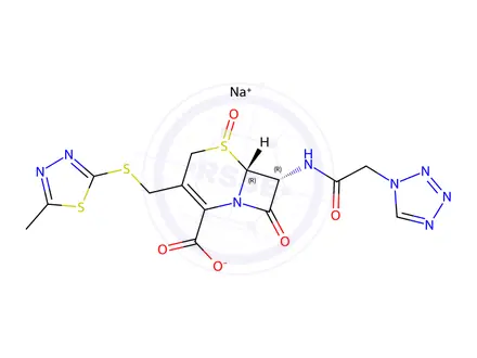 Chemical structure of sodium (6R,7R)-7-(2-(1H-tetrazol-1-yl)acetamido)-3-(((5-methyl-1,3,4-thiadiazol-2-yl)thio)methyl)-8-oxo-5-thia-1-azabicyclo[4.2.0]oct-2-ene-2-carboxylate 5-oxide