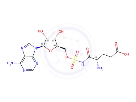 Chemical structure of (S)-4-Amino-5-(((((2R,3S,4R,5R)-5-(6-amino-9H-purin-9-yl)-3,4-dihydroxytetrahydrofuran-2-yl)methoxy)sulfonyl)amino)-5-oxopentanoic Acid
