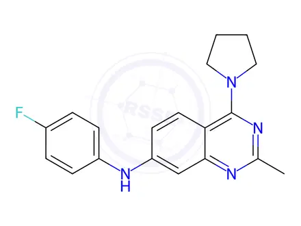 Chemical structure of N-(4-Fluorophenyl)-2-methyl-4-(pyrrolidin-1-yl)quinazolin-7-amine
