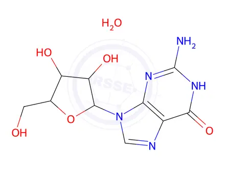 Chemical structure of 2-Amino-9-((2R,3R,4S,5R)-3,4-dihydroxy-5-(hydroxymethyl)tetrahydrofuran-2-yl)-1H-purin-6(9H)-one hydrate(1:x)