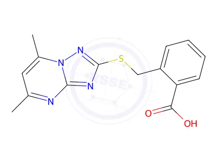 Chemical structure of 2-(((5,7-Dimethyl-[1,2,4]triazolo[1,5-a]pyrimidin-2-yl)thio)methyl)benzoic acid