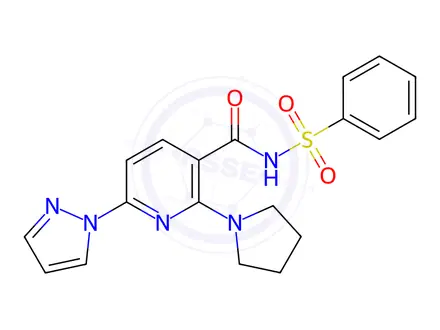Chemical structure of N-(phenylsulfonyl)-6-(1H-pyrazol-1-yl)-2-(pyrrolidin-1-yl)nicotinamide