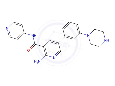Chemical structure of 3-Pyridinecarboxamide, 2-amino-5-[3-(1-piperazinyl)phenyl]-N-4-pyridinyl-