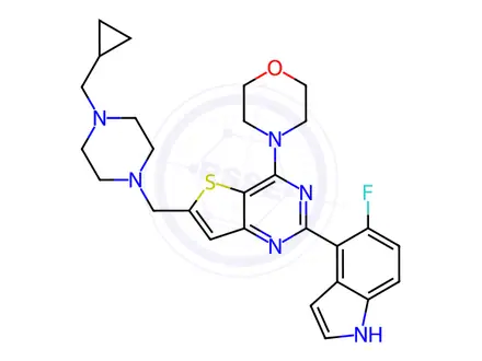Chemical structure of 4-(6-((4-(cyclopropylmethyl)piperazin-1-yl)methyl)-2-(5-fluoro-1H-indol-4-yl)thieno[3,2-d]pyrimidin-4-yl)morpholine