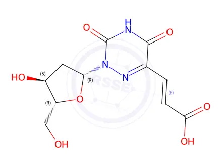 Chemical structure of (E)-3-(2-((2S,4S,5R)-4-Hydroxy-5-(hydroxymethyl)tetrahydrofuran-2-yl)-3,5-dioxo-2,3,4,5-tetrahydro-1,2,4-triazin-6-yl)acrylic acid