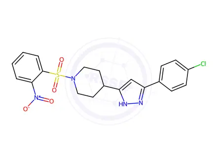Chemical structure of 4-[5-(4-chlorophenyl)-1H-pyrazol-3-yl]-1-[(2-nitrophenyl)sulfonyl]piperidine