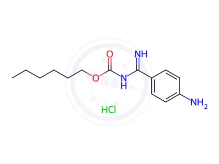 Chemical structure of Hexyl ((4-aminophenyl)(imino)methyl)carbamate Hydrochloride
