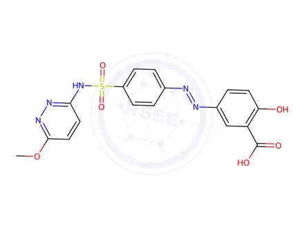 Chemical structure of 2-Hydroxy-5-[(4-{[(6-methoxy-3-pyridazinyl)amino]-sulfonyl}phenyl)diazenyl]benzoic Acid